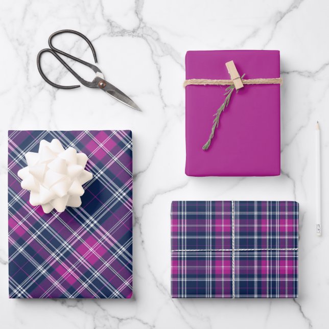 Vivid Purple, Pink & Blue Plaid Wrapping Paper Sheet (Front)