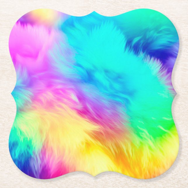 Vivid Rainbow Fluffy Fur Texture Background Design Paper Coaster (Front)