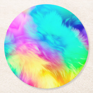 Vivid Rainbow Fluffy Fur Texture Background Design Round Paper Coaster