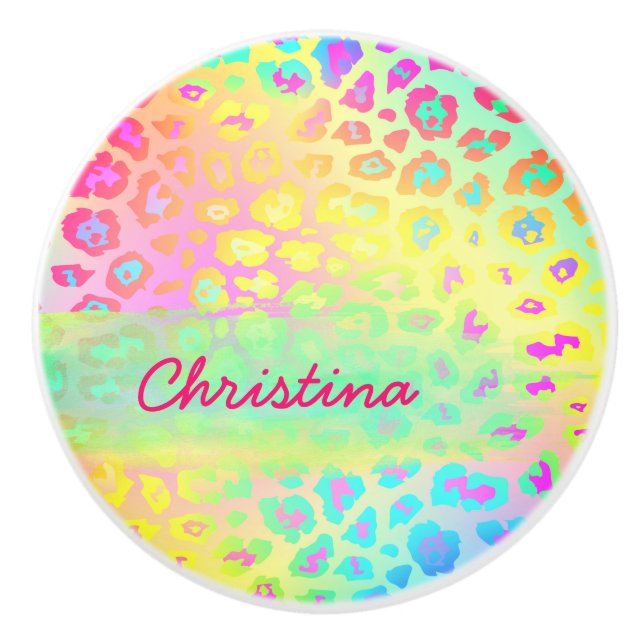 Vivid rainbow leopard pattern custom name ceramic knob (Front)