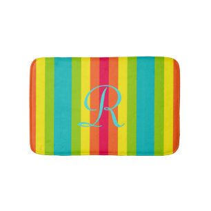 Vivid Rainbow Striped Aqua Monogrammed Plush Bath Mat