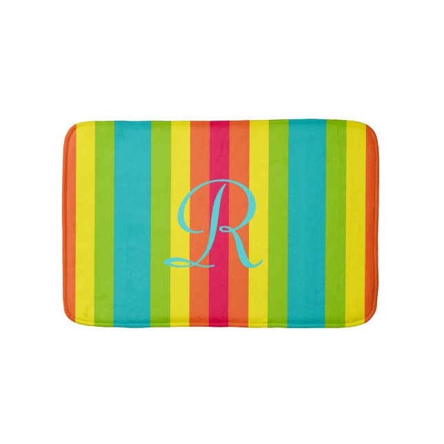 Vivid Rainbow Striped Aqua Monogrammed Plush Bath Mat (Front)