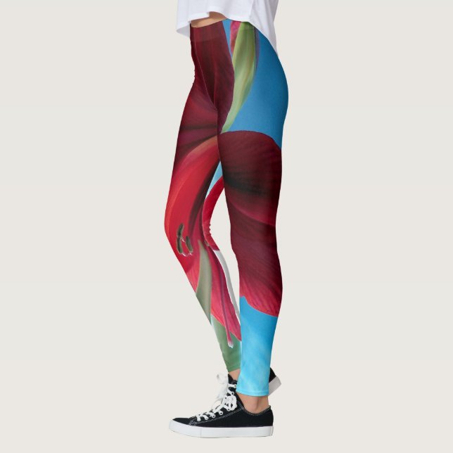 Vivid red Amaryllis Flower, blue background WOW Leggings (Left)