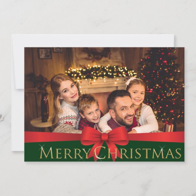 Vivid Red Bow Golden Merry Christmas Photo Holiday Card (Front)