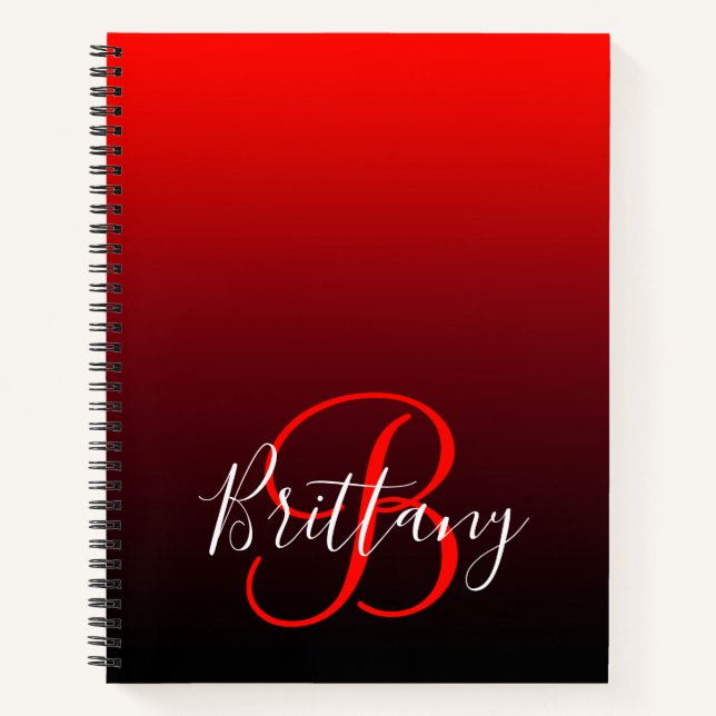 Vivid Red Burgundy and Black Ombre Monogram Notebook (Front)