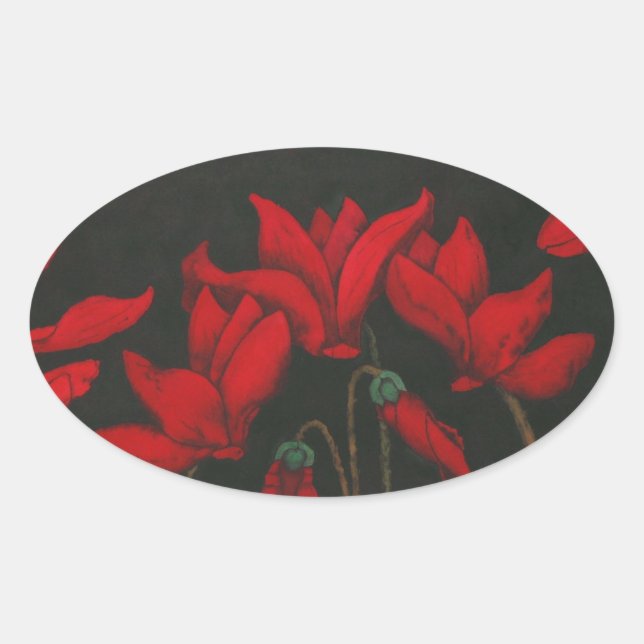Vivid red Cyclamen on a dark black background Oval Sticker (Front)