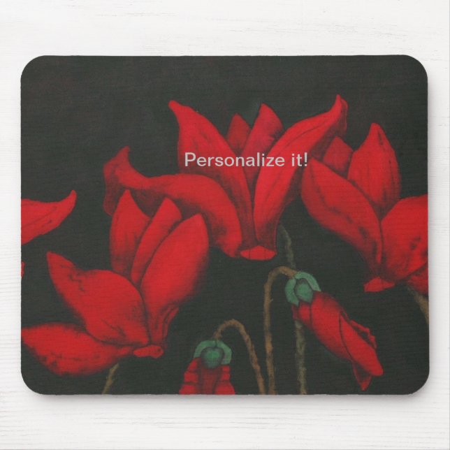 Vivid red Cyclamen on dark black background Mouse Mat (Front)