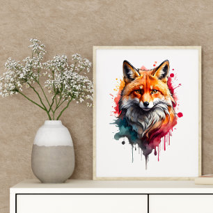 Vivid Red Fox Watercolor Splash Wall Art
