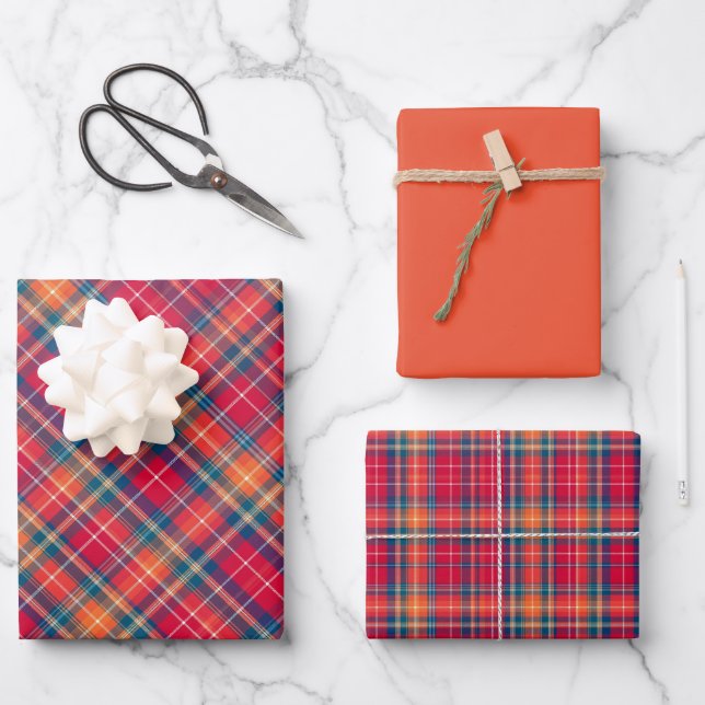 Vivid Red, Orange & Blue Plaid Wrapping Paper Sheet (Front)