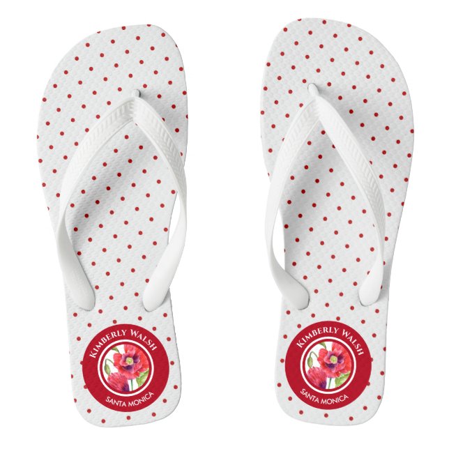 Vivid Red Poppies Floral Circle Polka Dots Flip Flops (Footbed)