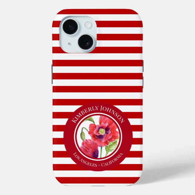Vivid Red Poppies Floral Circle White Stripes Case-Mate iPhone Case (Back)