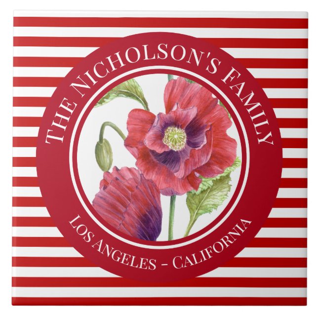 Vivid Red Poppies Floral Circle White Stripes Tile (Front)