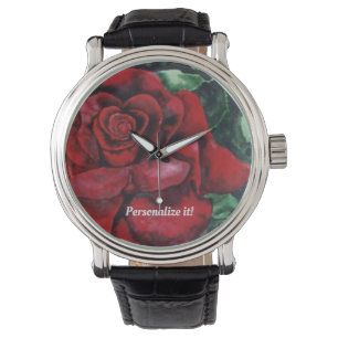 Vivid Red Rose on green leafy background Watch