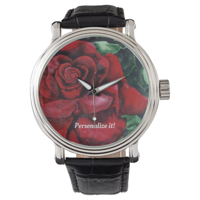 Vivid Red Rose on green leafy background Watch (Front)