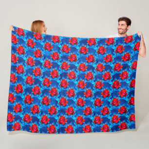 Vivid Red Roses on Blue Watercolory Background Fleece Blanket