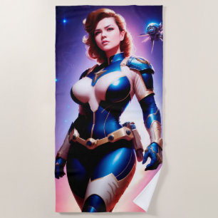Vivid Retro 50's Female Sci Fi Space Ranger Beach Towel