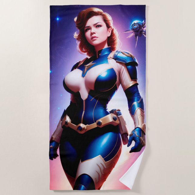 Vivid Retro 50's Female Sci Fi Space Ranger Beach Towel (Front)