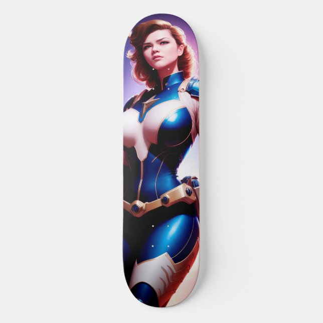 Vivid Retro 50's Female Sci Fi Space Ranger Skateboard (Front)