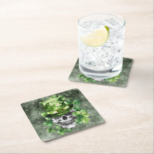 Vivid Skull with Green Hat Illustration Square Paper Coaster