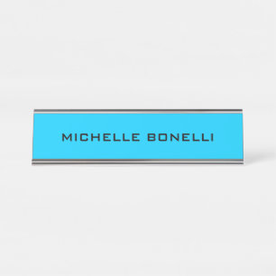 Vivid Sky Blue Minimalist Plain Legible Modern Desk Name Plate