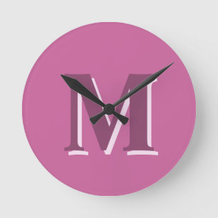 vivid solid pink monogram, round clock