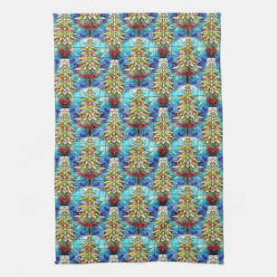 Vivid Stained Glass Christmas Tree Pattern Tea Towel