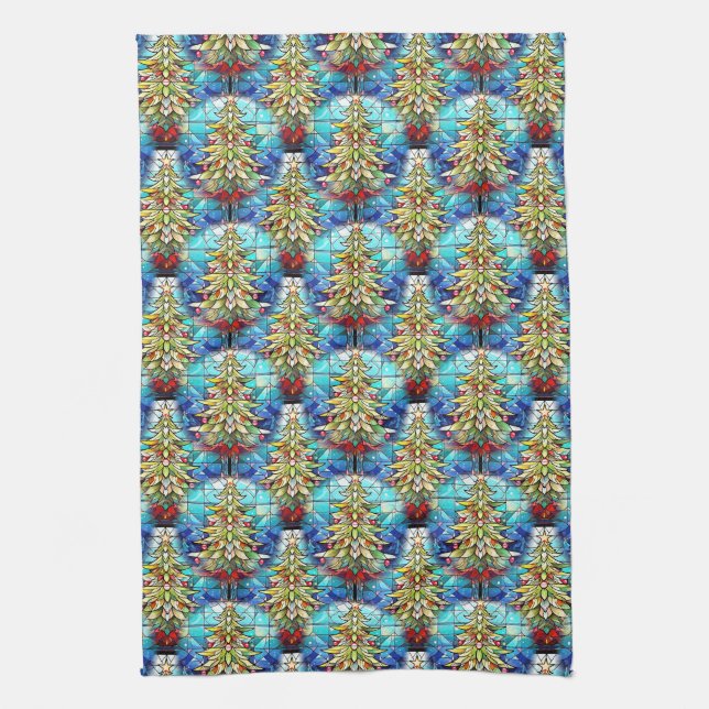 Vivid Stained Glass Christmas Tree Pattern Tea Towel (Vertical)