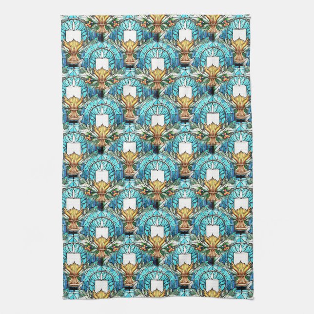 Vivid Stained Glass Holly And Candle Pattern Tea Towel (Vertical)