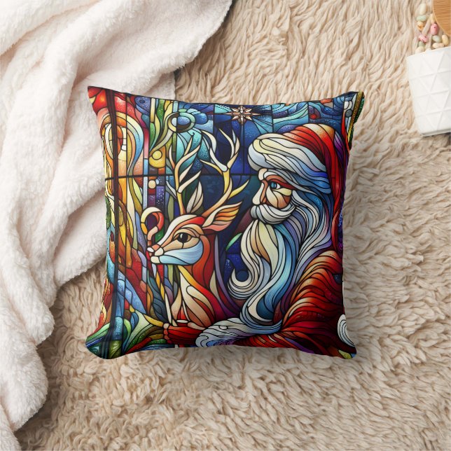 Vivid stained glass of Santa and reindeer Cushion (Blanket)