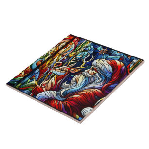 Vivid stained glass of Santa and reindeer Tile