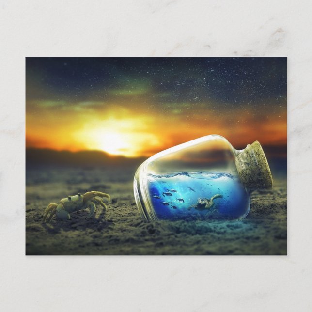 Vivid Sunset Beach Crab/Sea Life in Bottle Surreal Postcard (Front)