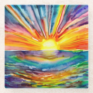 Vivid Sunset over the Water Reflection AI Art Glass Coaster