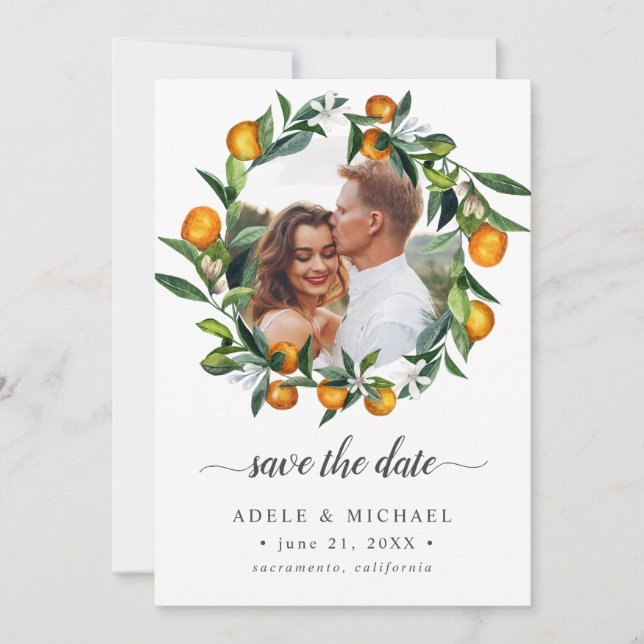 Vivid Tangerine Citrus Blossom photo save the date (Front)