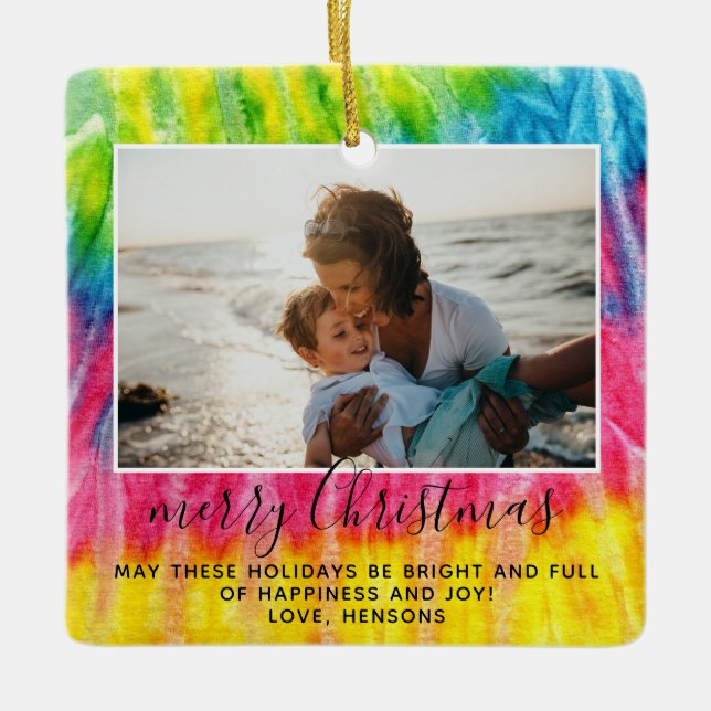 Vivid Tie Dye Merry Christmas Script Family Photo  Ceramic Ornament (Front)