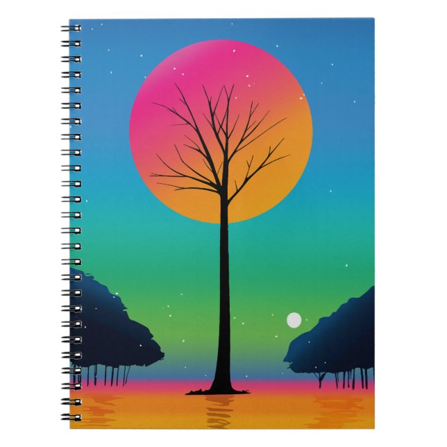 Vivid Tree Beneath a Cosmic Rainbow Sky Notebook (Front)