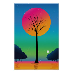 Vivid Tree Beneath a Cosmic Rainbow Sky Poster