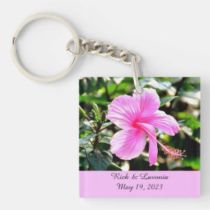 Vivid Tropical Pink Hibiscus Personalised Keychain
