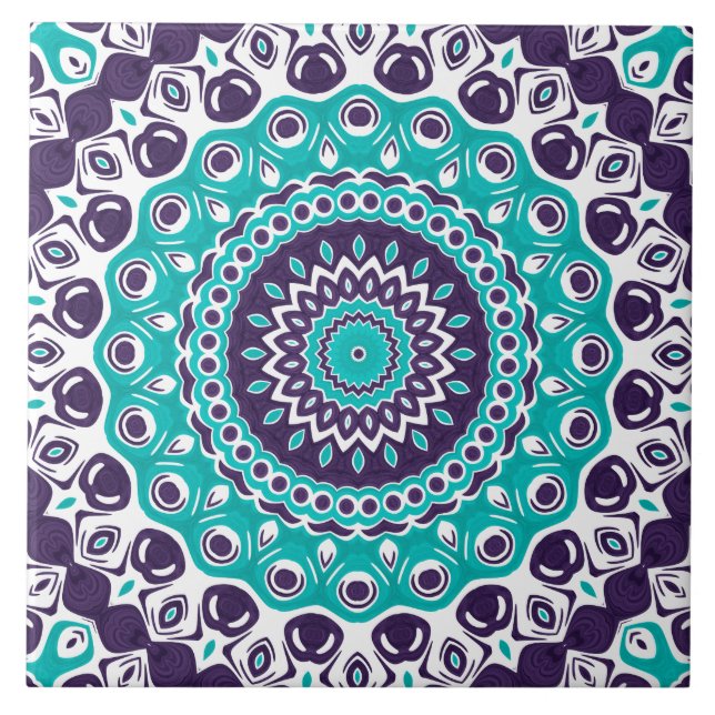 Vivid Turquoise and Plum Mandala Pattern Tile (Front)