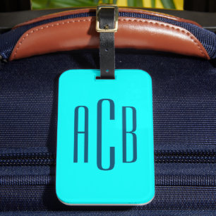 Vivid Turquoise Blue Vertical 3 Letter Monogram Luggage Tag