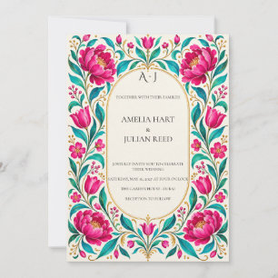 Vivid Turquoise Fuchsia Botanical Invitation