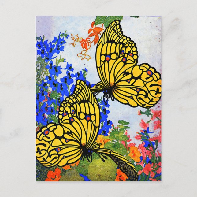 Vivid Vintage 1920 Butterflies and Garden Flowers Postcard (Front)