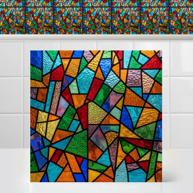 Vivid Vintage Abstract Block Stained Glass Pattern Tile (Vivid Vintage Abstract Block Stained Glass Pattern Ceramic Tile)
