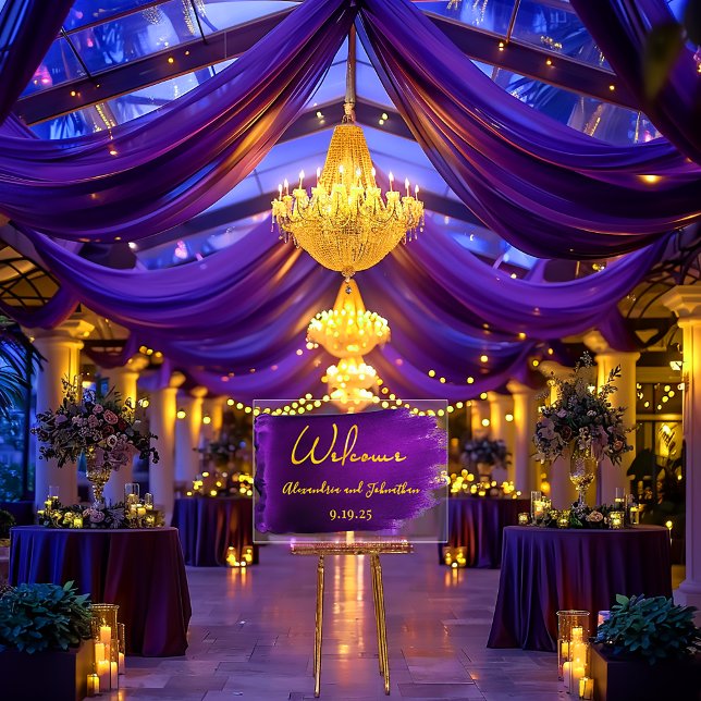 Vivid Violet Purple and Gold Acrylic Wedding Acrylic Sign (Modern Vivid Violet Purple Ink Splash Gold Text Wedding Welcome Board )