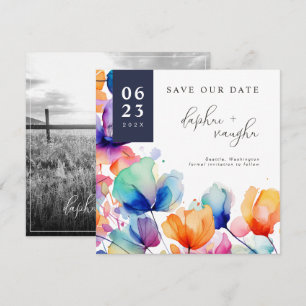Vivid Watercolor Flowers & Photo Save The Date