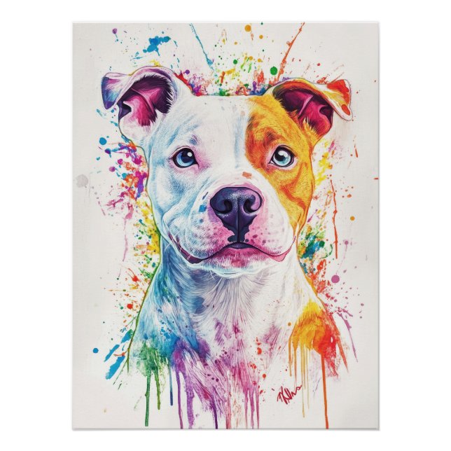 Vivid Watercolor Pitbull Mix Portrait | Colorful Poster (Front)