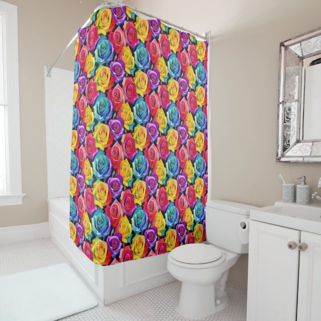 Vivid watercolor roses print, floral pattern shower curtain (In Situ)