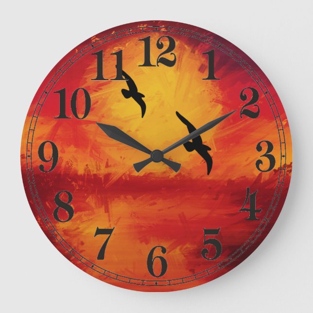 Vivid Watercolor Sunset with Birds Wall Clock (Front)