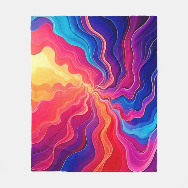 Vivid Waves: Abstract Neon Energy Flow Art Fleece Blanket (Front)