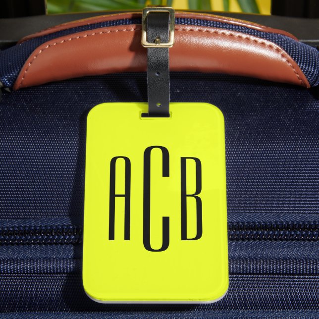 Vivid Yellow Vertical Three Letter Monogram Luggage Tag (Front Insitu 2)