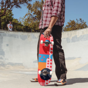 Vividly-coloured background with circles and shape skateboard